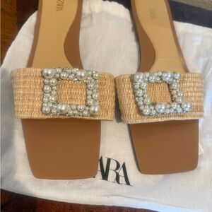 Zara Women's Tan Sandals with Pearl Embellishments
